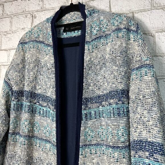 Zara Blue Blazer Jacket Tweed Jacquard Open Front Stripe White M - Picture 6 of 15